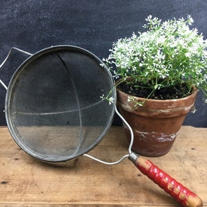 Vintage Strainer or Colander Red Wooden Handle Antique Kitchen Gadget Farmhouse Kitchen Rustic Decor