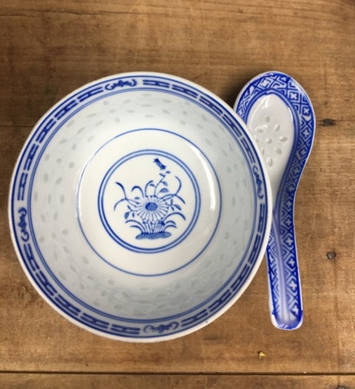 Small Chinese Bowl & Spoon Rice Grain Blue White Chinoiserie Etsy New