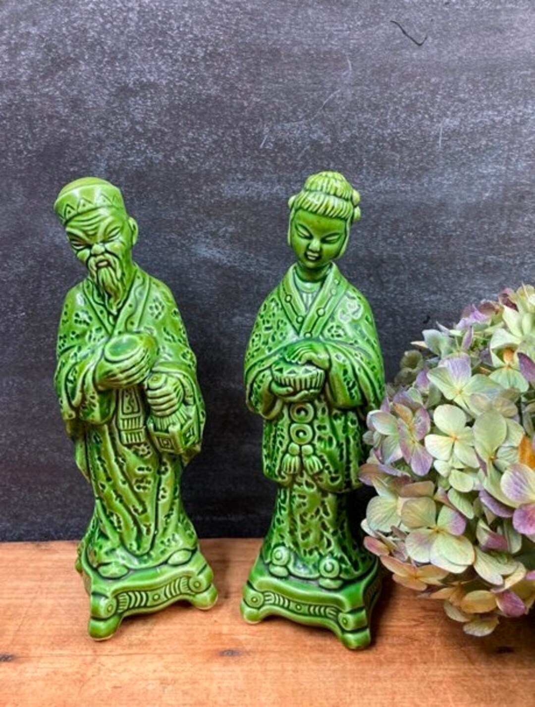 Asian Ceramic Couple Green Oriental Statues Collectible Figurines
