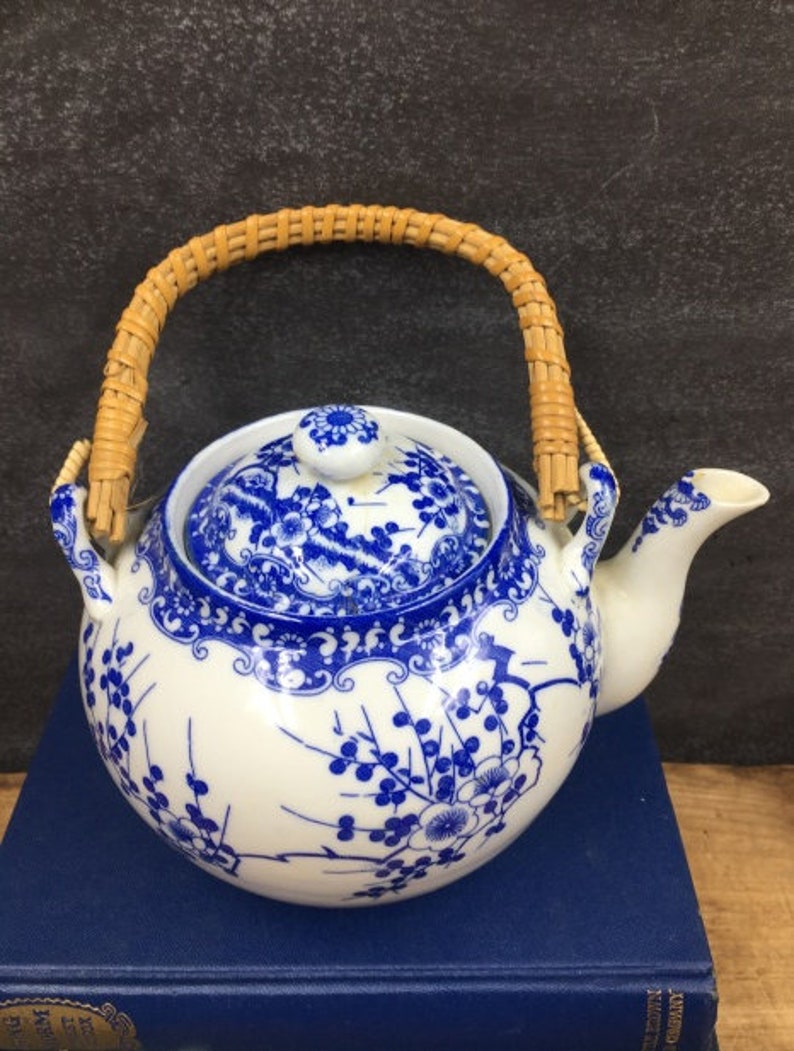 Tokusei Teapot Porcelain Cherry Blossoms Made In Japan Blue Etsy