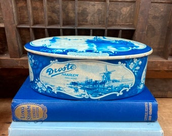 Vintage Tin Droste Haarlem Holland Oval Blue and White Scenes Of Holland Windmill Sailboat