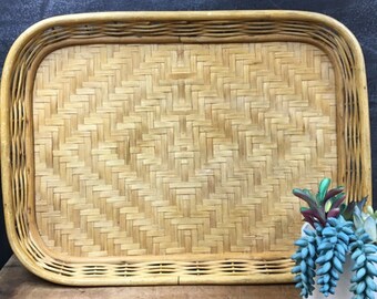 Tray Bamboo Woven Ratten Vintage Serving Tray Mid Century Modern Decor