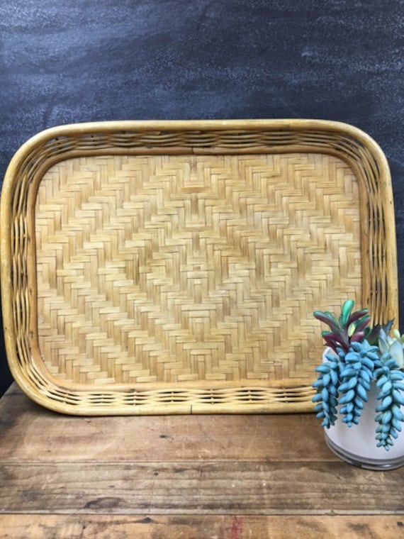 Tray Bamboo Woven Ratten Vintage Serving Tray Mid Century Etsy