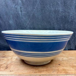 Antique English Pottery Bowl: Blue Banded Cornish Ware, Farmhouse Decor TEA STAINED