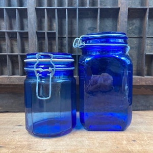 Cobalt Blue Glass Canisters Mismatched Set of 2 Vintage Kitchen Storage Bail Wire Closure Lid