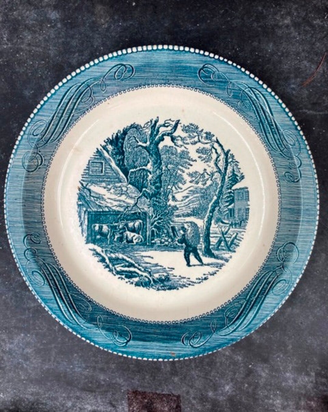 Blue Transferware Pie Plate Currier and Ives A Snowy Morning 10 Pie