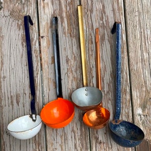 Vintage Ladle Or Dipper Copper Enamel Or Brass YOUR CHOICE Rustic Farmhouse Kitchen Decor image 1