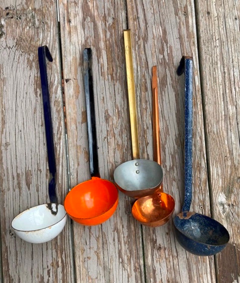 Vintage Ladle Or Dipper Copper Enamel Or Brass YOUR CHOICE Rustic Farmhouse Kitchen Decor image 1