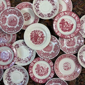 Mismatched Transferware China SMALL Plate OR Saucer: Pink & Red Vintage Decor
