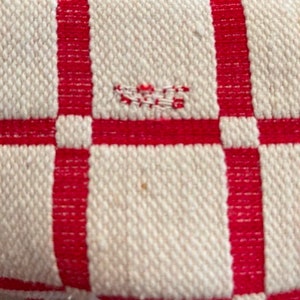 May include: Close-up of a white and red checkered fabric with a small red thread detail in the center.