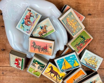 Vintage Ohio Blue Tip Matchbox: 1963 Graphics - Train, Ship, Horses