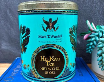Vintage Mark T Wendell Tea Tin: Aqua Blue "Hu-Kwa Tea",  Imported West Concord, MA