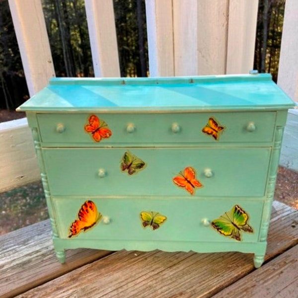 Vintage Small Doll's Dresser Toy Doll Furniture Blue PLASTIC Dresser With Butterfly Decals