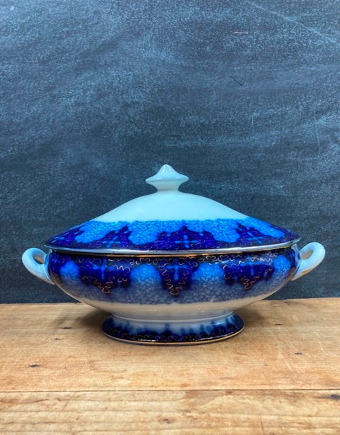 Flow Blue Utzschneider Persian Moss Pattern Gold Gilt Covered Oval