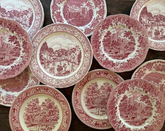 Mismatched Plates Red and Pink Transferware Plate Wall Decor J & G Meakin, Corona, Memory Lane, Unicorn Tableware