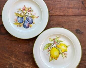 Vintage Italian Fruit Plates Lillian Vernon Made in Italy Set of Two Plums and Lemons Ceramic 8" Display Or Luncheon Plates