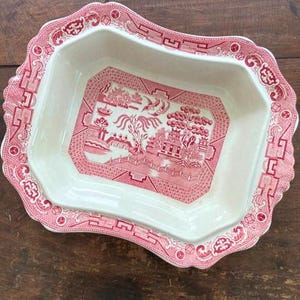 Vintage Allertons Red Willow Transferware Serving Dish Crazing Discoloration Rustic Farmhouse Decor 1800s Antique Serving Bowl For Display
