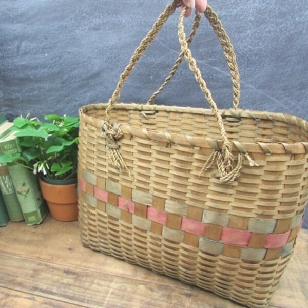 Basket Vintage Split Reed Woven Market Basket With Braided Handles Rustic Farmhouse Kitchen or Porch Decor Shopping Basket