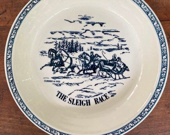 Vintage Currier and Ives Blue Transferware Pie Plate The Sleigh Race Reproduction From Original Print Microwave Safe