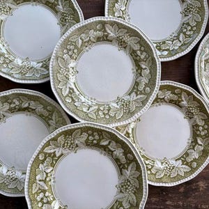 Vintage Kensington Somerset Ironstone Side Plates (Set of 7) - Green Transferware