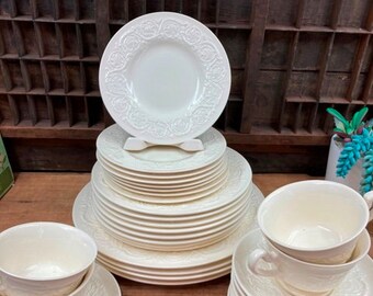 Vintage Wedgwood Patrician Creamware Plates, Tea Cups, Saucers