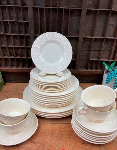 Vintage Wedgwood Patrician Creamware Plates, Tea Cups