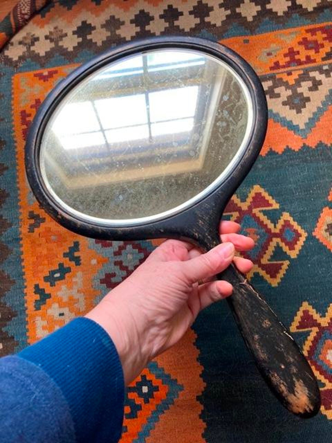 Wood Hand Mirror Vintage Extra Large Hand Held Mirror Chippy Black
