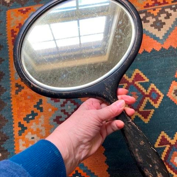 Wood Hand Mirror Vintage Extra Large Hand Held Mirror Chippy Black Paint Oval Mirror