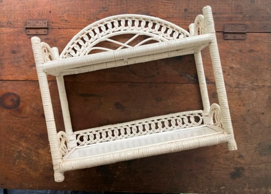 Vintage White Wicker Shelf Countertop or Wall Storage Bohemian or ...