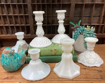 Milk Glass Candlestick Holders Collection of (6) Mismatched Candle Holders Cottagecore Or Farmhouse Decor Fenton Hobnail Glass