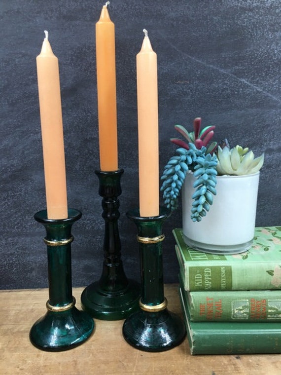 Vintage Green Glass Candlestick Holders Collection of Three Etsy