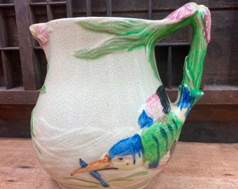 Vintage Majolica Pitcher Bird Motif Iris or Hibiscus Hand Painted Japan CRAZING  Or Crackle Finish Bird Fish & Flower Jug