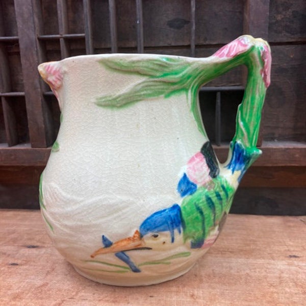 Vintage Majolica Pitcher Bird Motif Iris or Hibiscus Hand Painted Japan CRAZING  Or Crackle Finish Bird Fish & Flower Jug