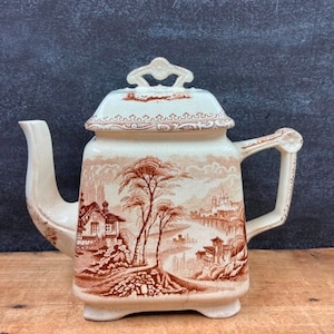 Vintage Brown Transferware Teapot Aesthetic Movement Style Pastoral Scenes CRAZING