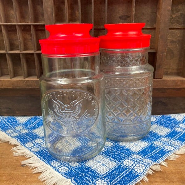 Vintage Maxwell House Glass Canisters Two (2) Vintage Pressed Glass Bicentennial Jar Anchor Hocking Clear Glass Kitchen or Storage Canisters