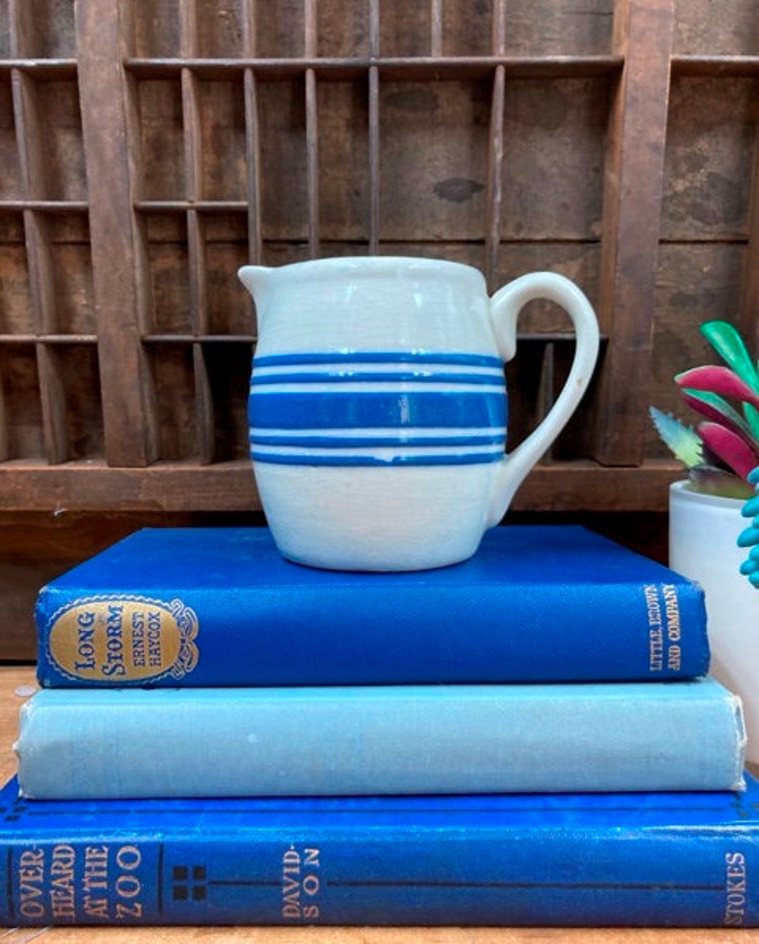 Blue Striped Jug Cornishware Vintage English Blue Banded Pottery