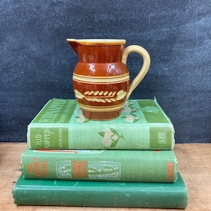 May include: A brown ceramic pitcher with a cream colored design of wheat stalks. The pitcher is sitting on a stack of three green books.