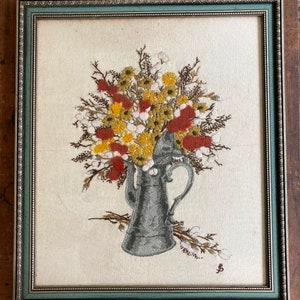 Vintage Framed Embroidery Art: Autumn Floral Still Life