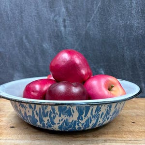 Vintage Blue Swirl Enamel Bowl: Farmhouse Kitchen Decor