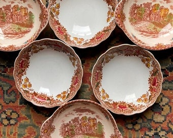 Mismatched Cereal Bowls Set of 6 Brown Multicolored Transferware Ridgway Marlborough and Brown & Richie English Castles Raglan Castle