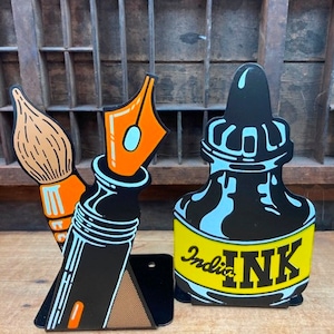 Mid Century Modern Metal Bookends: POP Art Inkwell & Pen, 1970s Hyde Park