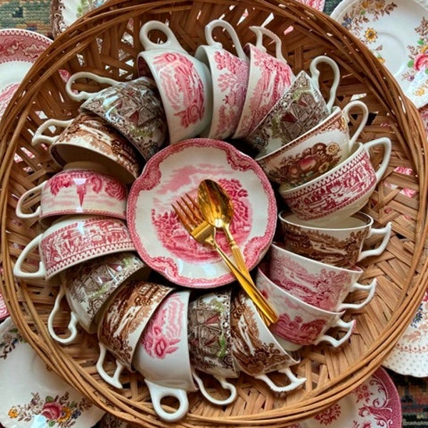 Mismatched Tea Cups Pink Or Brown Transferware Willow Ware Johnson Brothers Staffordshire Teacups and Saucers Bridal Or Baby Shower