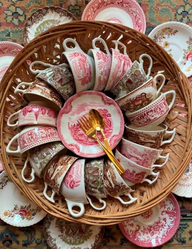 Mismatched Tea Cups Pink Or Brown Transferware Willow Ware Johnson Brothers Staffordshire Teacups and Saucers Bridal Or Baby Shower