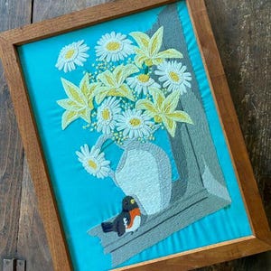 Vintage Framed Crewel Embroidery: Robin and Flowers, Boho Wall Art