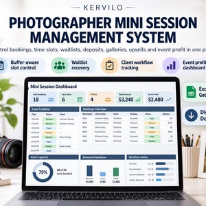 May include: A laptop screen displaying the Kervilo Photographer Mini Session Management System dashboard. The interface shows booking totals, open slots, waitlists, revenue, and event profit metrics, alongside a detailed event schedule and workflow status.