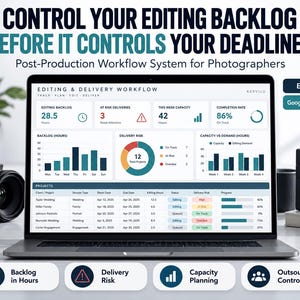 Op de afbeelding: Een laptopscherm met een workflow-dashboard voor fotobewerking. De interface bevat grafieken, projectlijsten en prestatiestatistieken. De tekst luidt: CONTROL YOUR EDITING BACKLOG BEFORE IT CONTROLS YOUR DEADLINES.