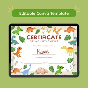 Könnte beinhalten: Eine bearbeitbare Canva-Vorlage für eine Leistungsurkunde mit Dinosaurier-Motiv. Das Dokument zeigt den Text Certificate of Achievement, Name, Date und Signature, umgeben von bunten Illustrationen von Dinosauriern und Blättern.