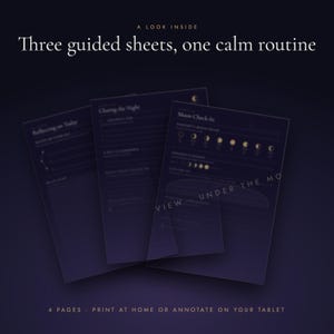 May include: Three dark purple digital guided sheets with gold text and moon phase icons. The sheets feature headings including Reflecting on Today, Closing the Night, and Moon Check-In. Text reads: A LOOK INSIDE Three guided sheets, one calm routine.