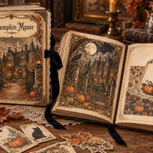 Peut inclure: Un journal à couverture rigide intitulé Pumpkin Manor avec un dos noir et un ruban de velours. La couverture et les pages ouvertes présentent des illustrations détaillées d'un manoir, de citrouilles et de chats noirs. Inclut une étiquette.