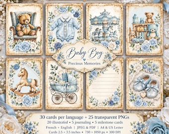 May include: A printable memory kit featuring baby boy themed cards with illustrations of a teddy bear, carousel, rocking horse, baby carriage, and shoes, decorated with blue roses and text including Baby Boy Precious Memories.